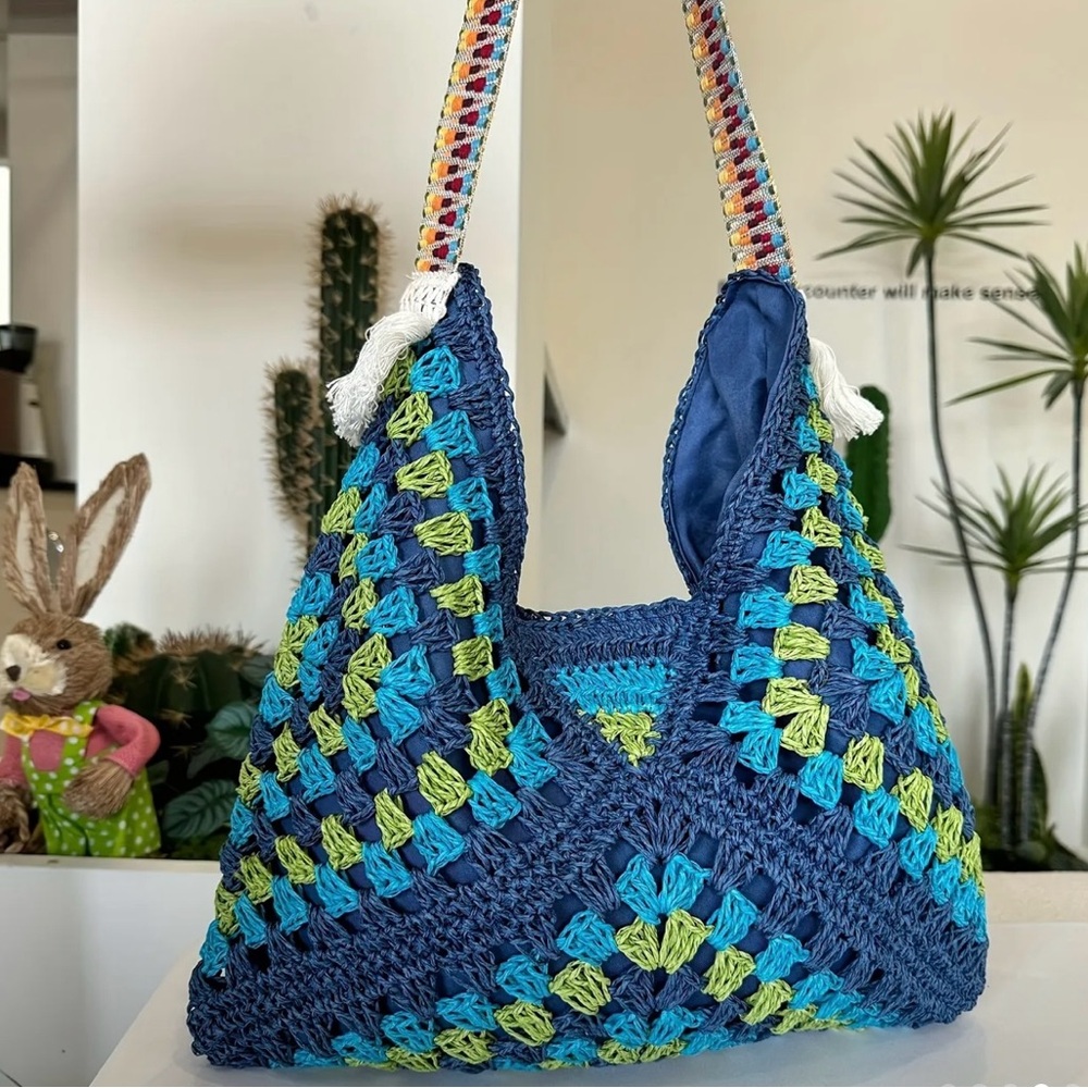 Blue Granny Square Crochet Shoulder Bag